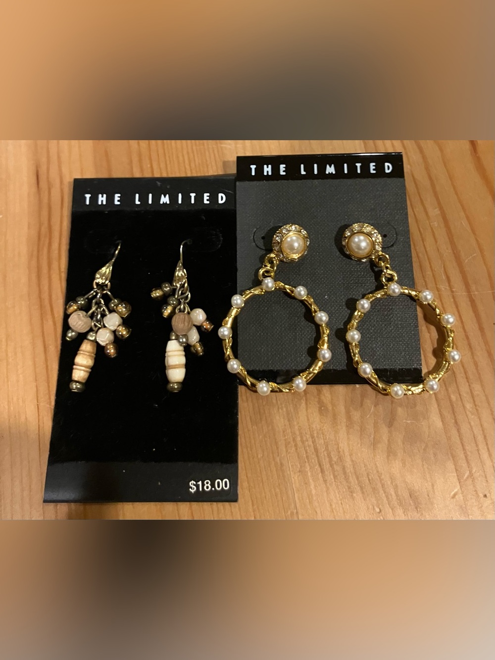 NWT Vintage Lot of 2 The Limited Gold Hoop Earrings w/Pearl & Gold/Brown Dangle